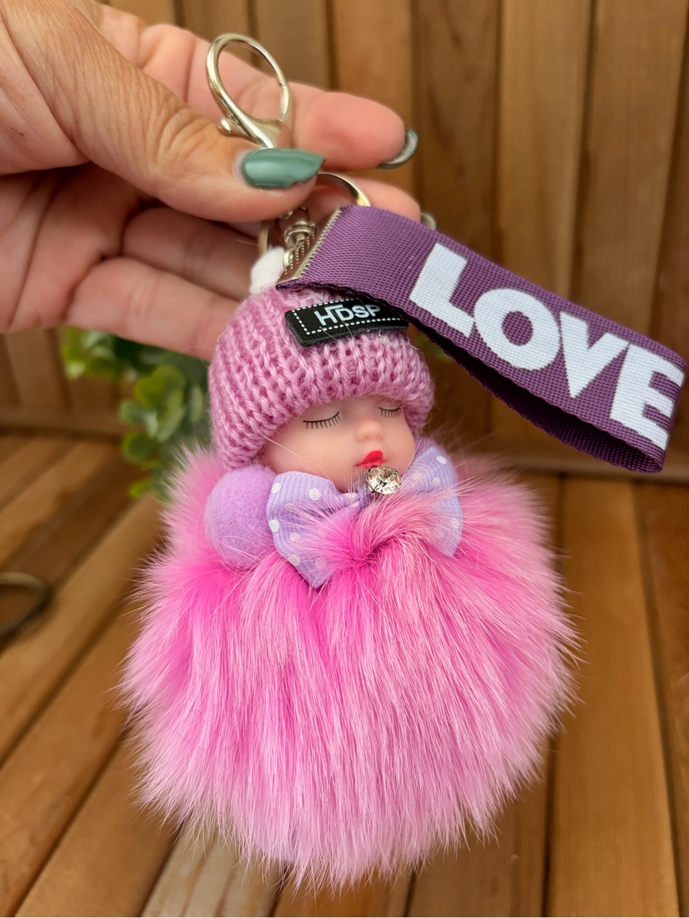 Love Doll Keychain - Barbie Pink, Lilac, Red Fluffy Baby Doll Keyrings, Love Tag - Picture 4 of 4